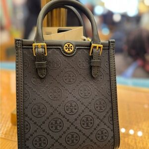 Tory Burch Black Embossed Tote with Gold Accents
